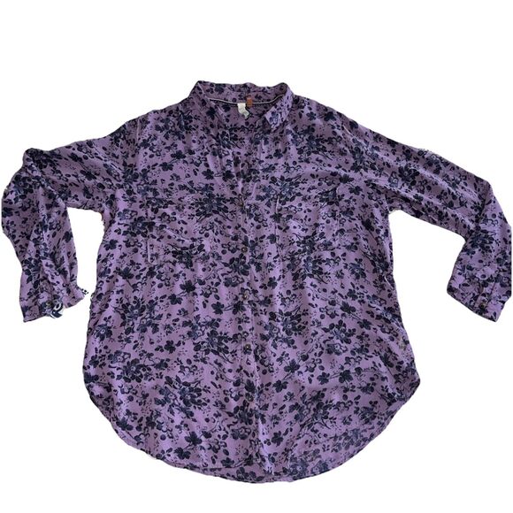 Pilcro Anthropologie Romy Shirt Womens XL Purple Floral Flowy Boho Button Blouse - Picture 2 of 7